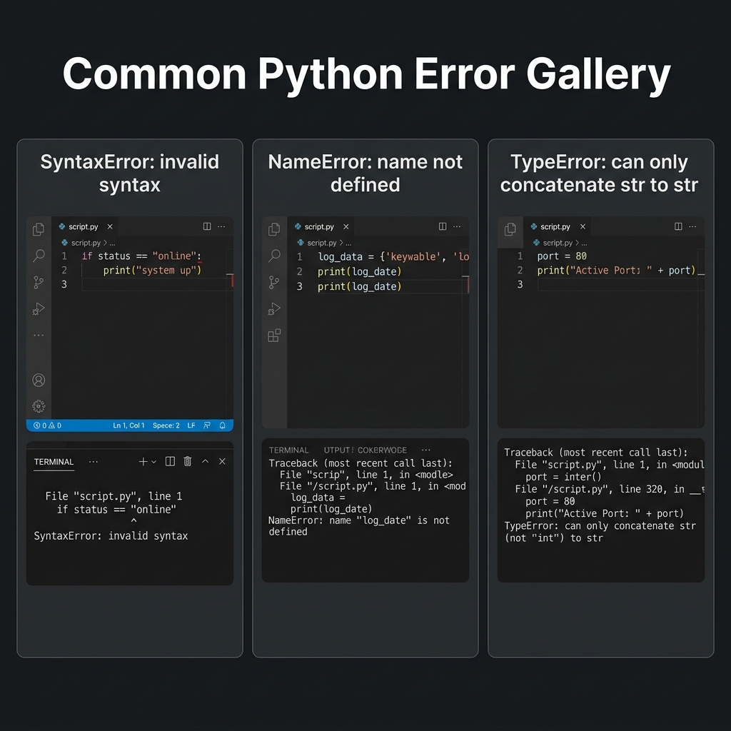 Common Python Error Gallery — Identifying Syntax, Name, and Type errors in a terminal context