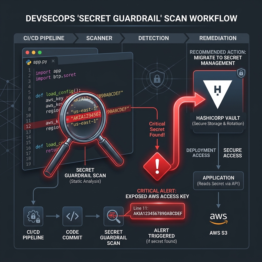 DevSecOps Guardrail Scan — Technical visualization of Shift-Left security and automated credential detection