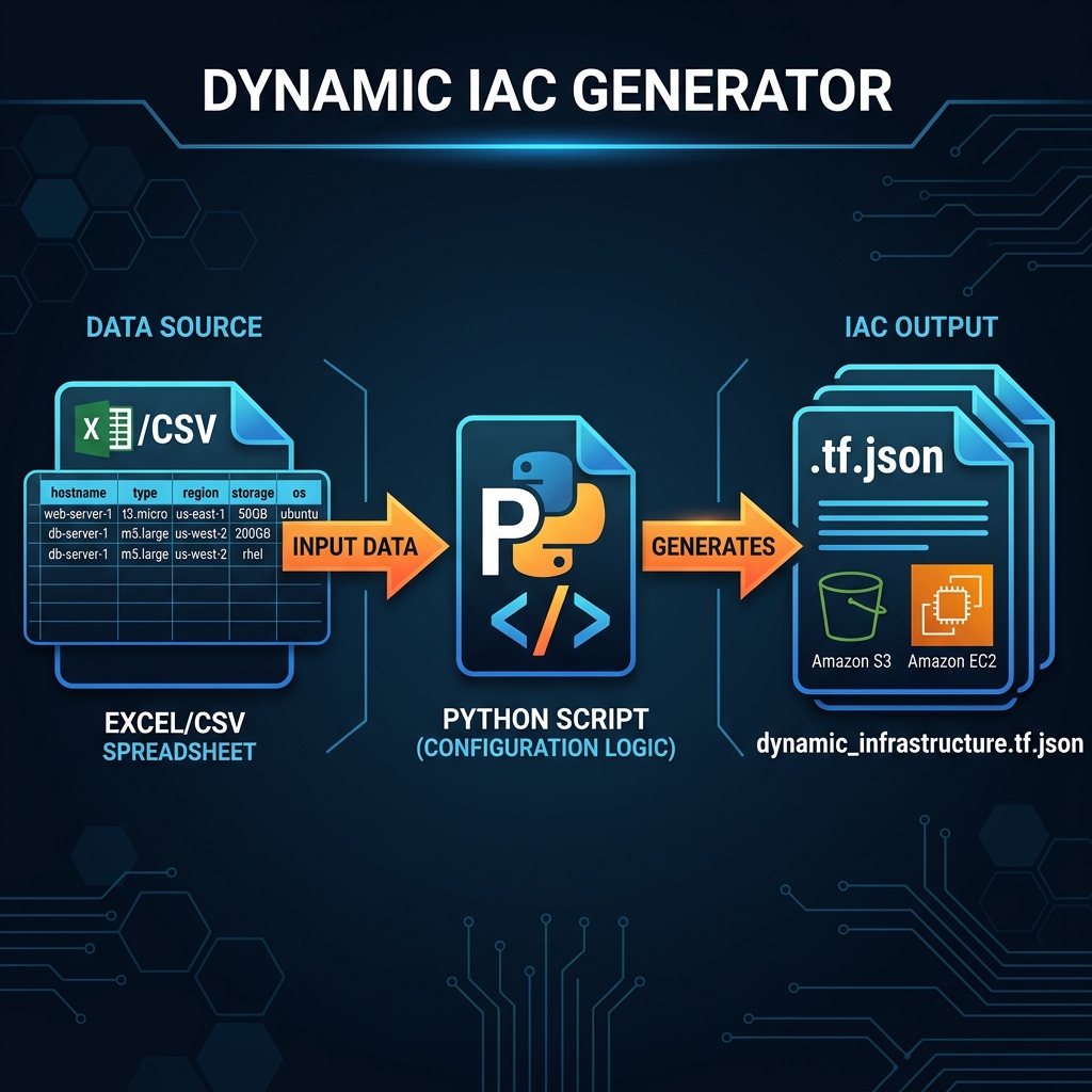 Dynamic IaC Generator — Technical visualization of CSV-to-Terraform HCL transformation