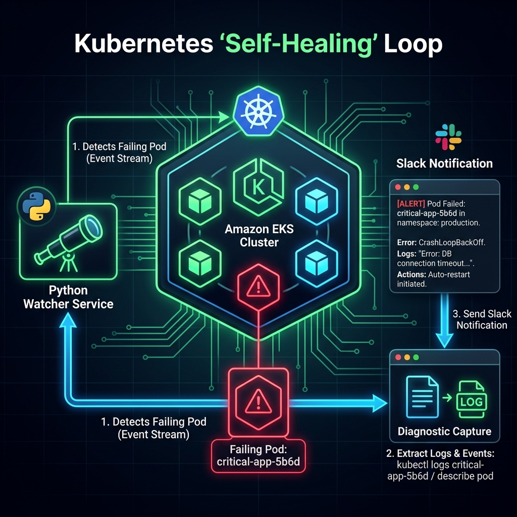 EKS Self-Healing Loop — Technical visualization of Kubernetes pod failure monitoring and diagnostic capture