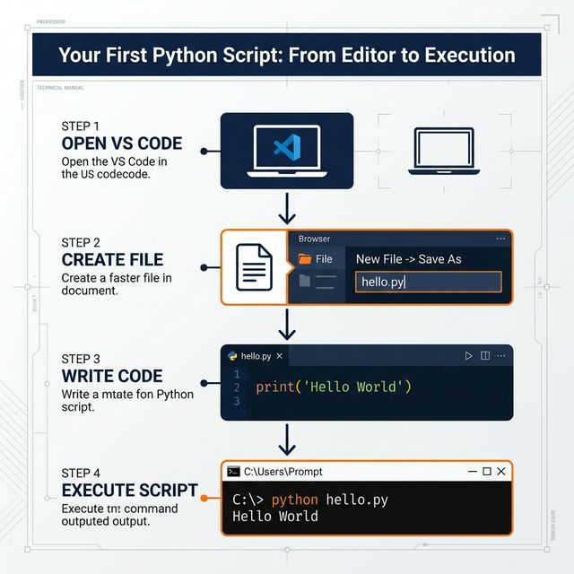 Your First Python Script — From Editor to Execution Flowchart