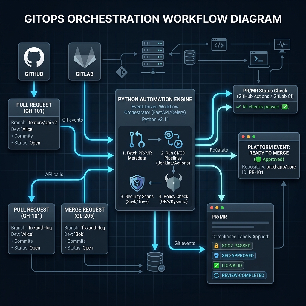 GitOps Orchestration Flow — Technical visualization of GitHub and GitLab automation engine