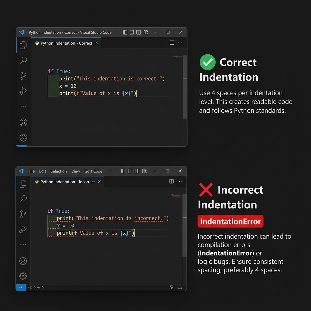 Indentation Logic Comparison — Correct (4 spaces) vs Incorrect (No indentation) code blocks