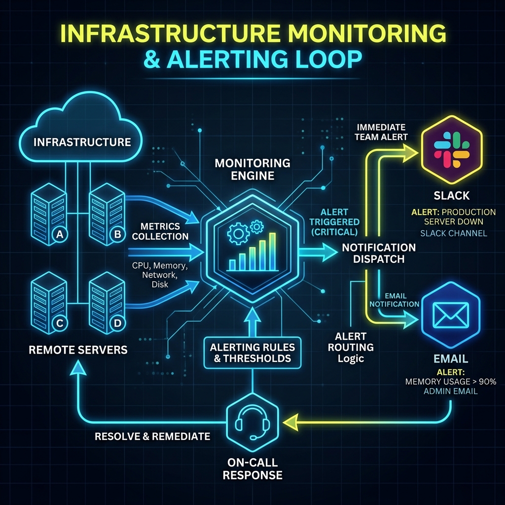 Infrastructure Monitoring & Alerting Loop — Technical visualization of Prometheus metrics and Slack/Email alerting
