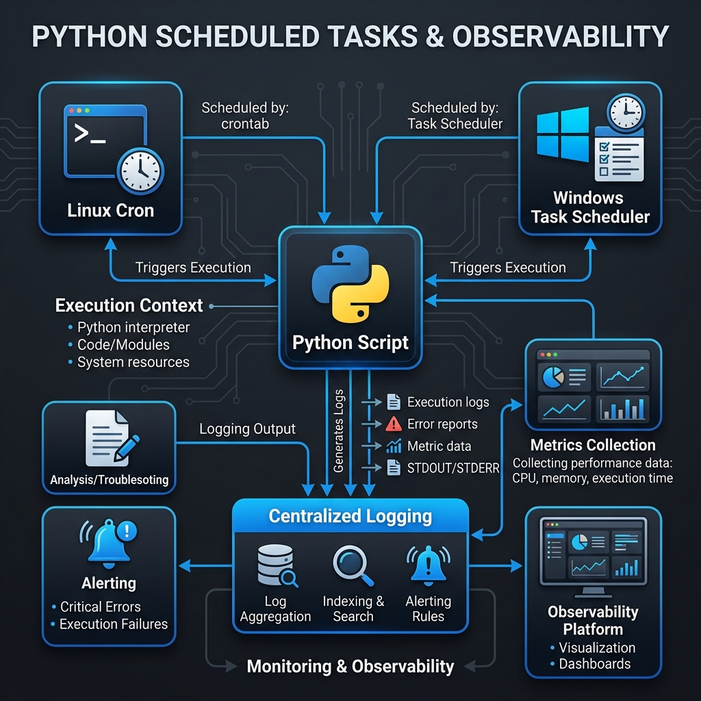Scheduled Tasks & Observability — Technical flow of Python interacting with OS Schedulers and Centralized Logging