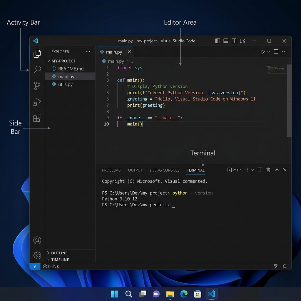 VS Code Interface Tour — Key areas for beginners: Activity Bar, Extensions, Status Bar, and Terminal